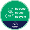 Circular badge-style logo featuring a hand with a plant and the words 'reduce, reuse, recycle' on a green background with the Girlguiding Somerset county logo below on dark blue